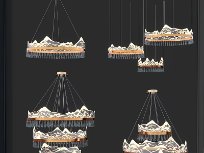 Multiple Modern Snowy Mountain Pattern Chandeliers With Tassel Decorations Hanging In 3d model