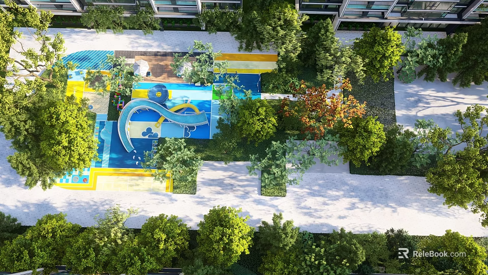 Vibrant Kids Play Area with Colorful Slide Green Trees and Playground Design 3d model 