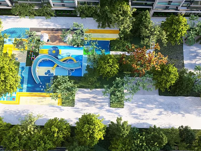 Vibrant Kids Play Area with Colorful Slide Green Trees and Playground Design 3d model