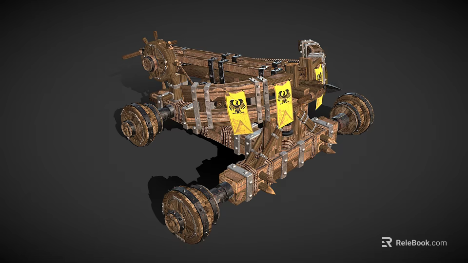 Ancient Wooden Mechanical Weapon with Wheels and Yellow Warning Signs for Siege Warfare 3d model 