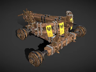 Ancient Wooden Mechanical Weapon with Wheels and Yellow Warning Signs for Siege Warfare 3d model