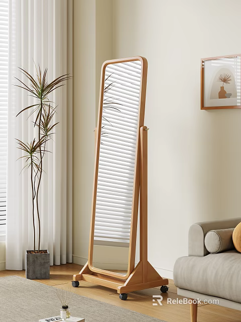 Stylish Living Area With Wooden Floor Mirror Window Blinds Indoor Plant Sofa And Wall Art 3d model 