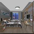 Hotel Guest Room with Twin Beds Large Window City Night View Decorative Painting Desk Chair Table Lamps
