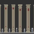 Various Ornate Beige Columns With Red Decorative Patterns And Stone Bases
