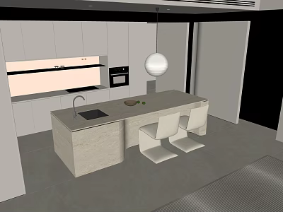 Modern Kitchen Interior With White Cabinets Island Counter Faucet Pendant Light And Chairs 3d model