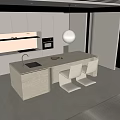 Modern Kitchen Interior With White Cabinets Island Counter Faucet Pendant Light And Chairs