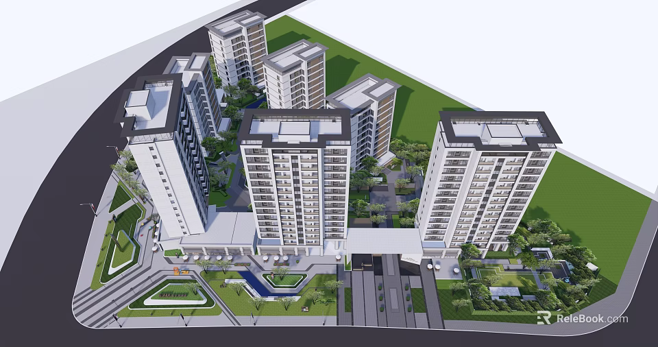 Modern High Rise Residential Complex With Green Spaces And Road Layout 3d model 