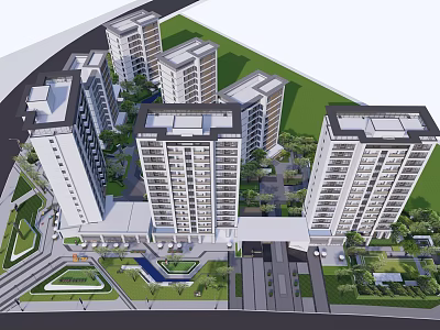 Modern High Rise Residential Complex With Green Spaces And Road Layout 3d model