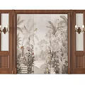 Elegant Sofa Backdrop Wall Interior With Tropical Mural Wooden Frames And Wall Sconces 3d model