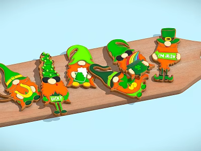St Patrick's Day Gnome Cookies With Green Orange Clover And Irish Design On Wooden Board 3d model