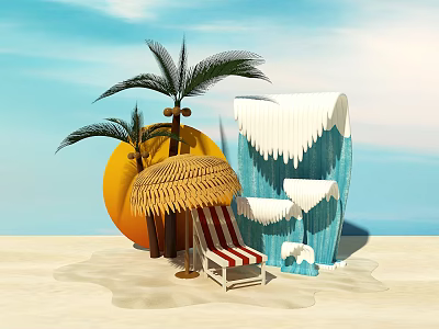 Scenic Beach Photo Spot With Palm Trees Straw Umbrella And Striped Lounge Chair 3d model