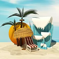 Scenic Beach Photo Spot With Palm Trees Straw Umbrella And Striped Lounge Chair