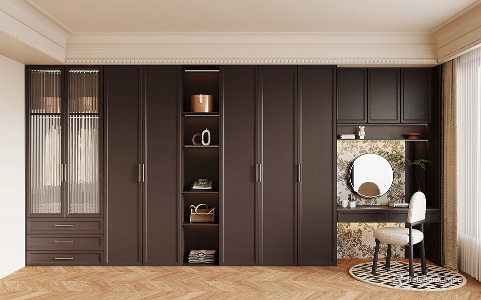 Modern Walk in Closet Interior With Dark Wood Cabinets Open Shelves And Mirror Chair 3d model 