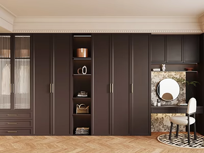 Modern Walk in Closet Interior With Dark Wood Cabinets Open Shelves And Mirror Chair 3d model