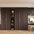 Modern Walk in Closet Interior With Dark Wood Cabinets Open Shelves And Mirror Chair