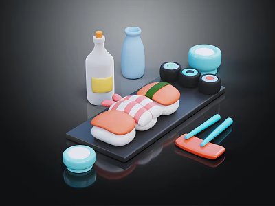 Fresh Sushi Platter With Soy Sauce Milk Bottles Small Bowls And Chopsticks 3d model
