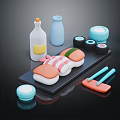 Fresh Sushi Platter With Soy Sauce Milk Bottles Small Bowls And Chopsticks
