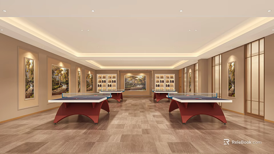 Indoor Sports Fitness Space With Ping Pong Tables Wooden Flooring And Wall Decor 3d model 