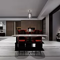 Modern Dining and Living Room Interior With Chandelier Red Chairs Sofa and Large Windows