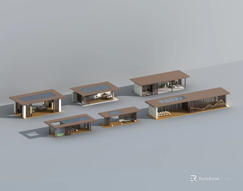 Multiple Small Modern Building Models With Brown Roofs And Open Terraces 3d model