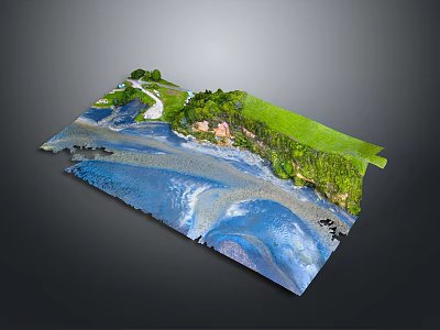 Detailed Terrain Model with Water Bodies Green Vegetation Pathways and Sandy Shores 3d model