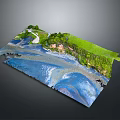Detailed Terrain Model with Water Bodies Green Vegetation Pathways and Sandy Shores