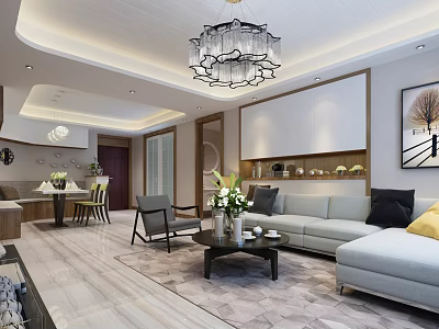 Modern Living Room Interior Design With Gray Sofa Coffee Table Chandelier And Flowers 3d model