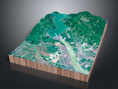 3D Landscape Model With Green Mountains Blue Water And City Below 3d model