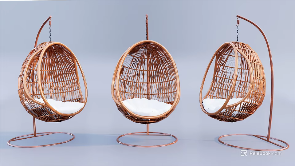 Rattan Oval Shaped Hanging Chairs With White Cushion And Metal Stand 3d model 