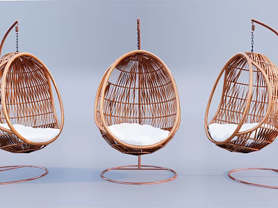 Rattan Oval Shaped Hanging Chairs With White Cushion And Metal Stand 3d model