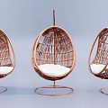 Rattan Oval Shaped Hanging Chairs With White Cushion And Metal Stand