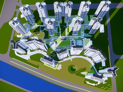 Modern High Rise Residential Complex With Green Spaces And Roads 3d model