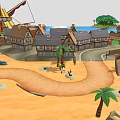 3D Rendered Coastal Scene Featuring Small Houses Wooden Dock Sailing Ship And Island