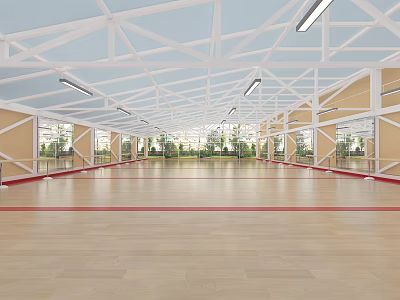 Spacious Fitness Workout Studio With Wooden Flooring Mirror Walls And White Roof Framing 3d model