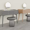 Modern Minimalist Dressing Table With Round Gold Framed Mirror Cushioned Stool And Practical Storage Drawers