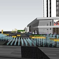 Modern Plaza Landscape With Geometric Paving Green Plants And Surrounding Buildings