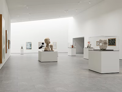 Bright Spacious Art Gallery With White Pedestals Sculptures And Wall Paintings 3d model