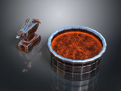 Metal Anvil With Forging Tools And Barrel Filled Red Molten Liquid 3d model