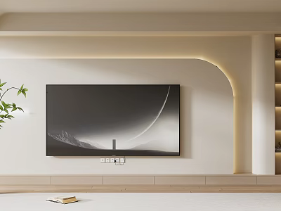Modern TV Wall Design With LED Lights Light Color Shelves And Plant 3d model