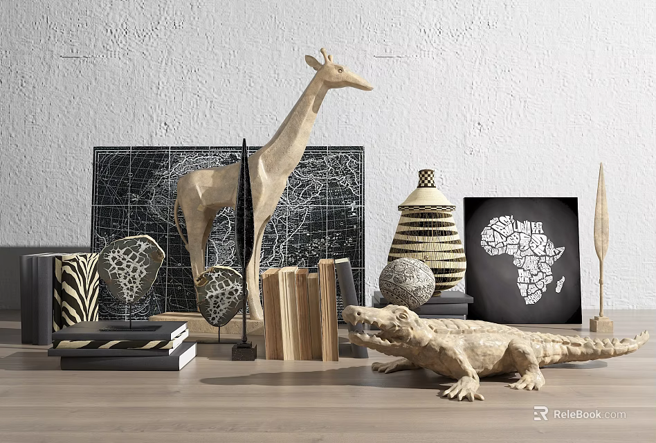 Decorative Ornament Collection Featuring Giraffe Crocodile African Map Striped Vase And Geometric Decor 3d model 