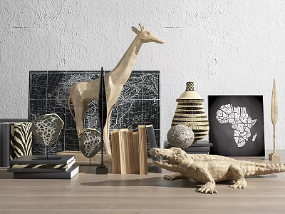 Decorative Ornament Collection Featuring Giraffe Crocodile African Map Striped Vase And Geometric Decor 3d model
