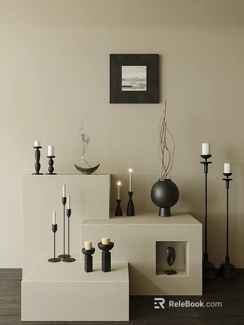 Modern Black Candle Lamps Featuring White Candles Black Vase Dried Branches Beige Wall Decor 3d model 