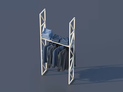 Metal Frame Display Shelf with Folded Blue Clothes on Top and Hanging Dark Clothes Below 3d model
