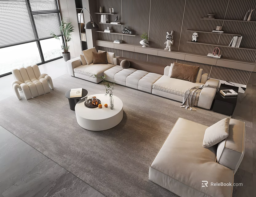 Modern Beige Sofa and Coffee Table Set With Round White Table and Decorative Shelves 3d model 