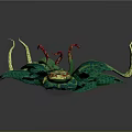 Mystical Fantasy Plant Creature With Spotted Green Leaves Curved Yellow Tentacles And Red Gold Center