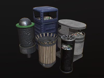 Diverse Style Trash Cans With Metal Wooden Grid And Lidded Designs 3d model