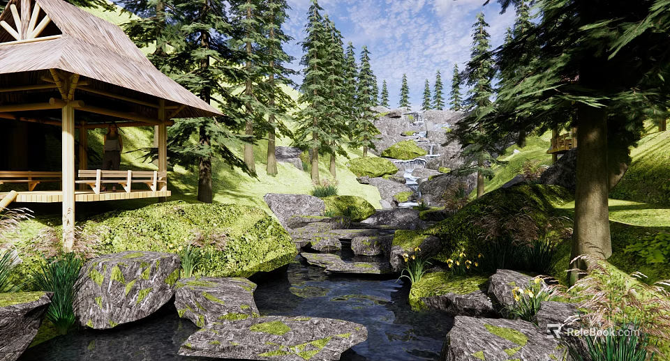 Natural Park Landscape Featuring Thatched Pavilion Pine Trees Waterfall Stream And Mossy Rocks 3d model 