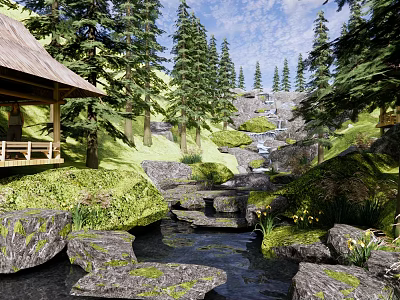 Natural Park Landscape Featuring Thatched Pavilion Pine Trees Waterfall Stream And Mossy Rocks 3d model