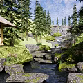 Natural Park Landscape Featuring Thatched Pavilion Pine Trees Waterfall Stream And Mossy Rocks