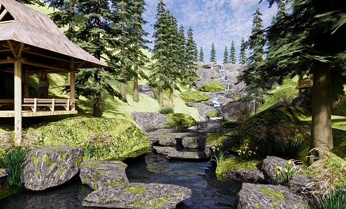 Modern Park Mountain Forest Park Landscape Valley Stream Wetland Tidal Flat Viewing Thatch Pavilion Elegy Difference Falling Water Stone River 3d model